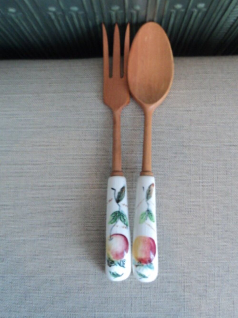 vintage apple ceramic handle wooden spoon fork serving set